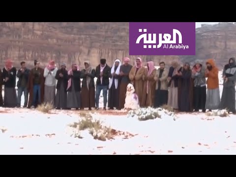 متنزهون يرقصون الدحية أثناء سقوط الثلوج على شمال السعودية